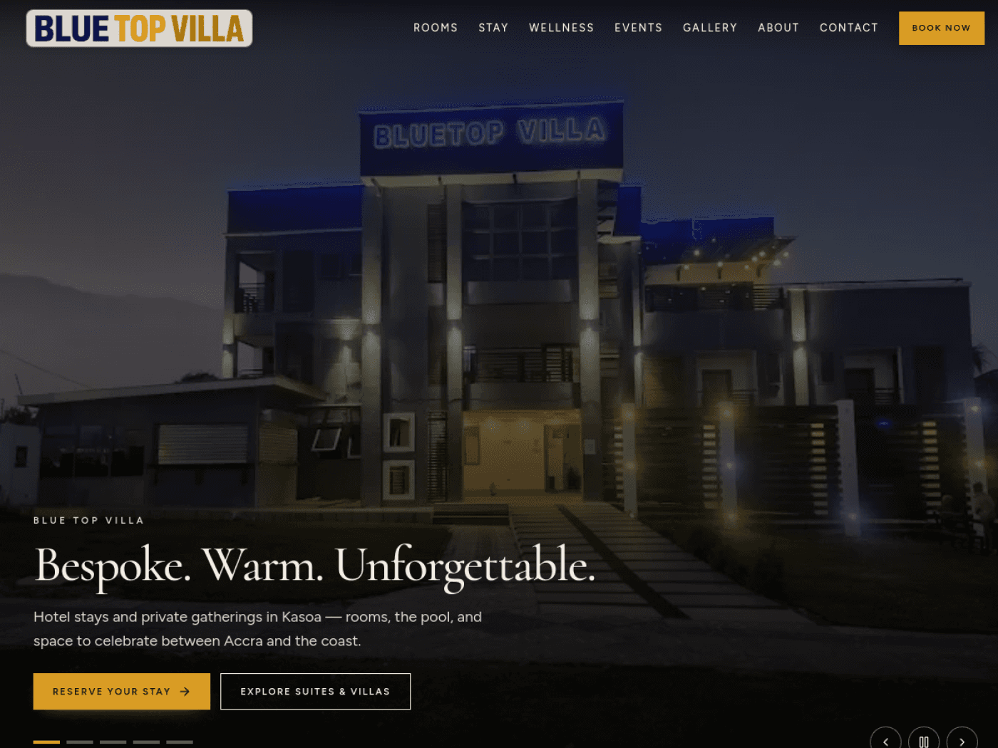 Screenshot of the Blue Top Villa website homepage