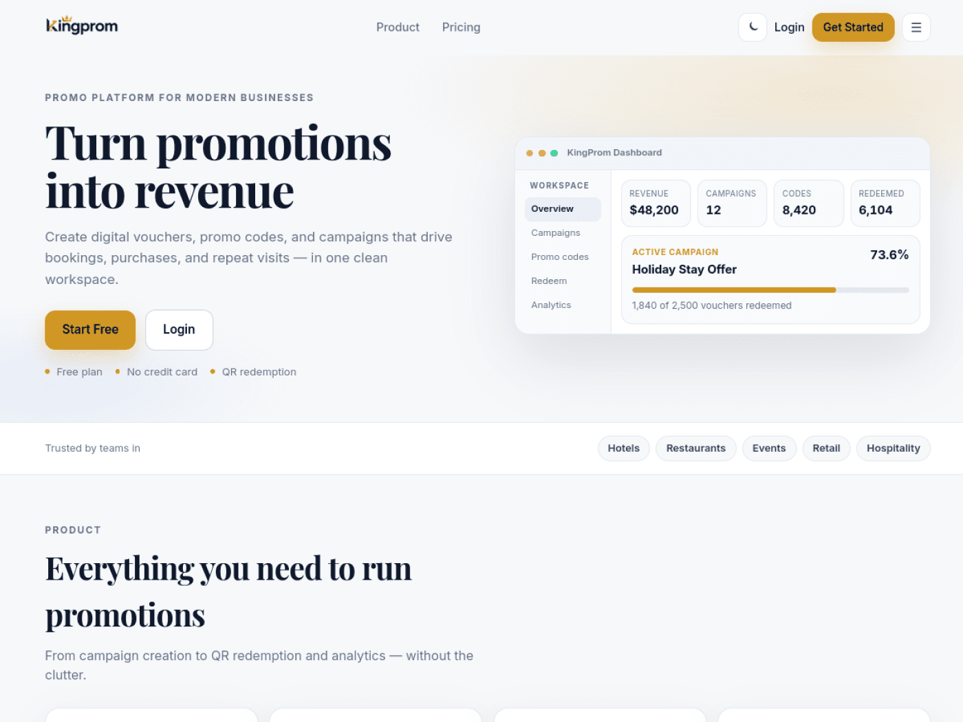 Screenshot of the KingProm marketing website